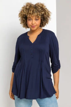 Navy Curve Plain Pintuck Detail Blouse