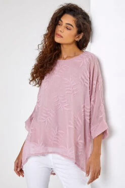 Light Pink Leaf Burnout Print Overlay Top