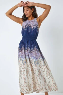 Ombre Floral Halter Neck Maxi Dress