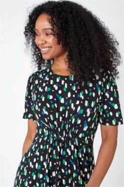 Black Petite Spot Ruched Stretch Midi Dress