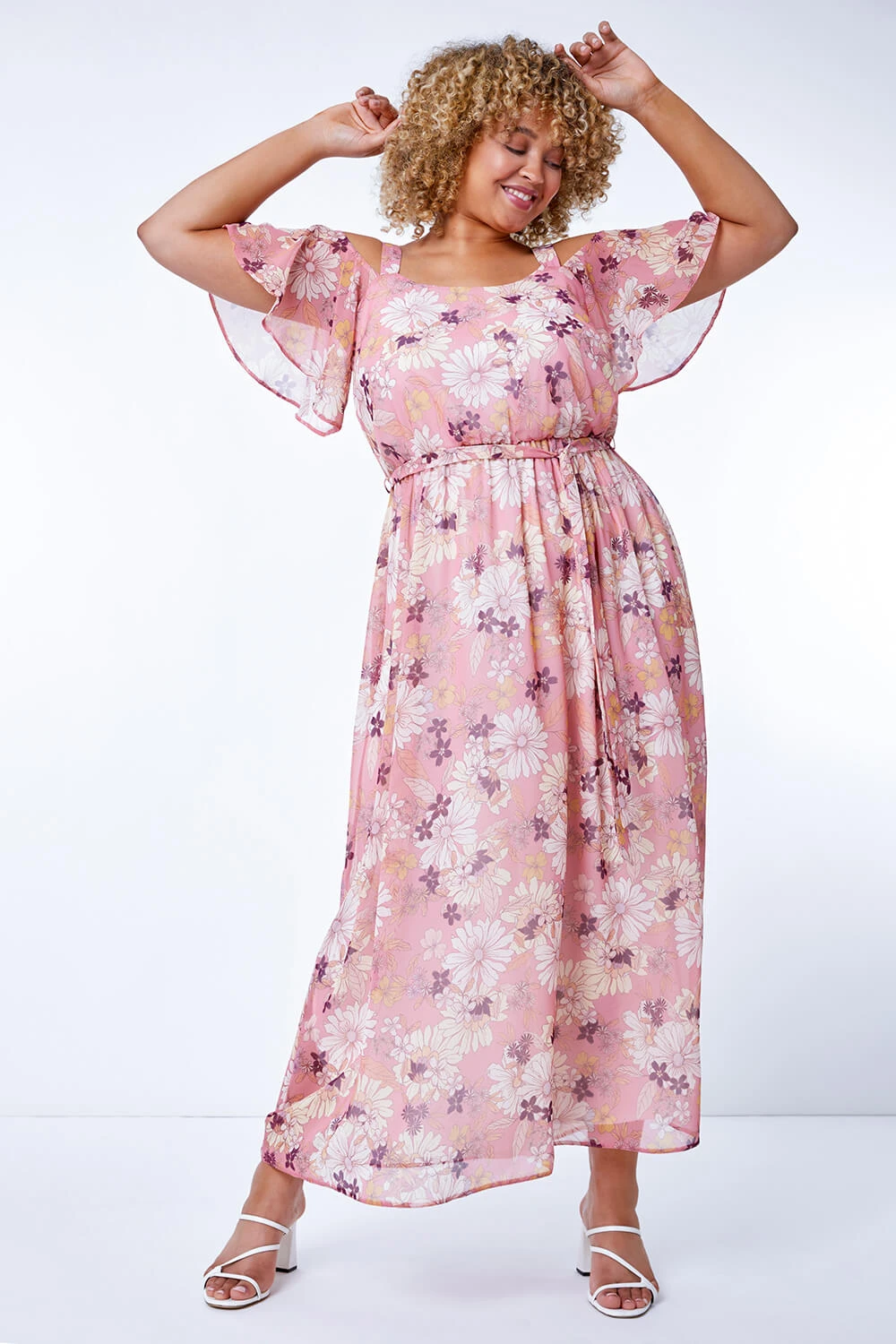 Pink Curve Floral Print Cold Shoulder Maxi Dress 3 Pink Curve Floral Print Cold Shoulder Maxi Dress