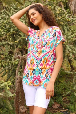Pink Aztec Print Lace Trim Top