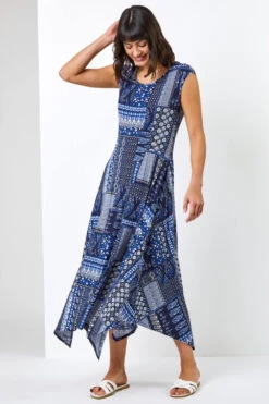 Navy Patchwork Stretch Hanky Hem Dress