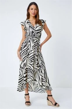Black Zebra Print Midi Shirt Dress
