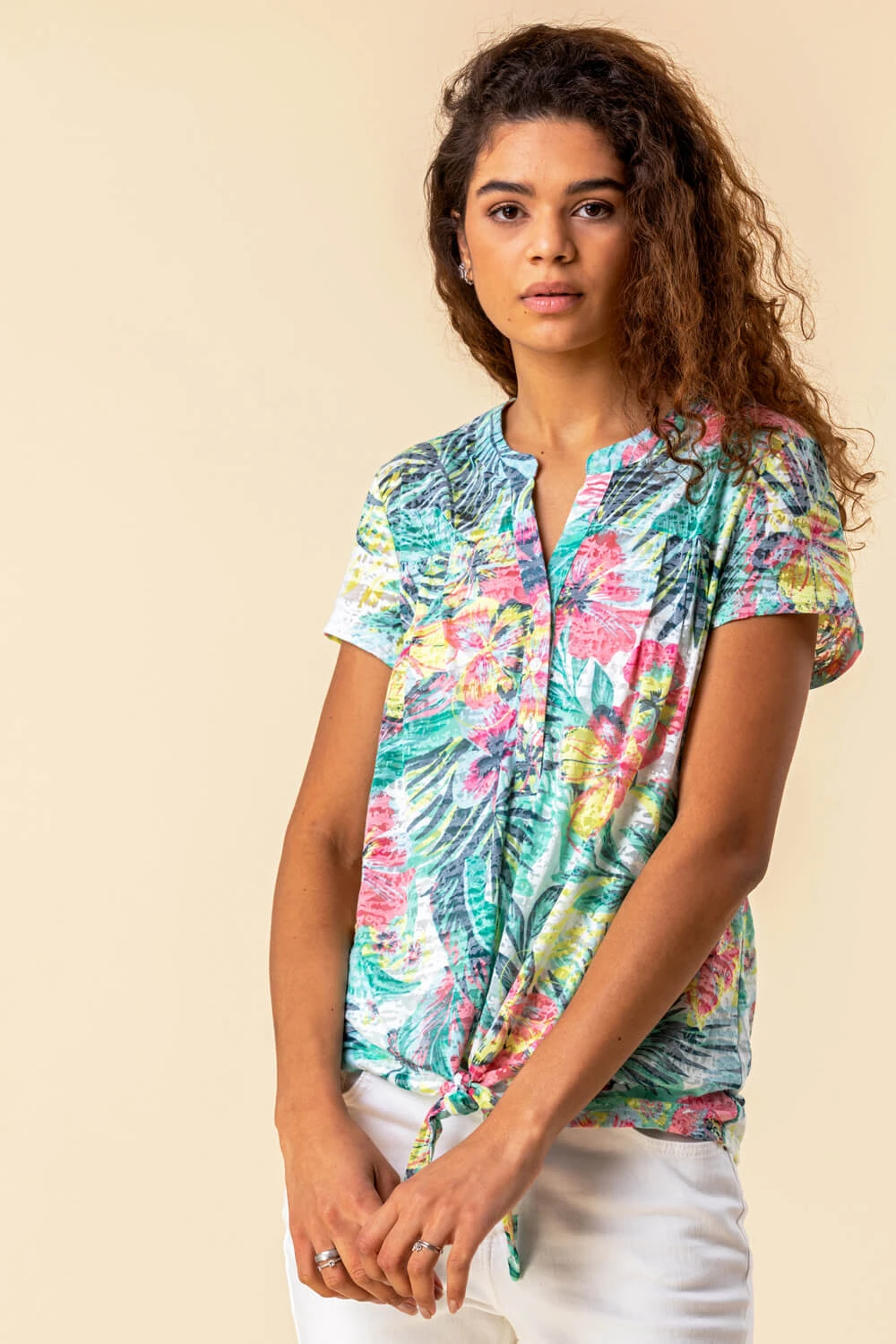 Multi Tie Hem Tropical Print Top 3 Multi Tie Hem Tropical Print Top