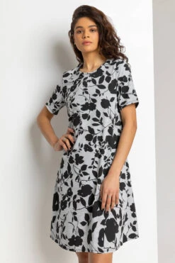 Grey Floral Print Pocket Shift Dress