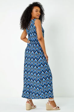 Navy Petite Aztec Print Shirred Maxi Dress -Outlet Modi Qube Store 4e60dbf3 0c50 4351 9b13 2bdc6fdbea17