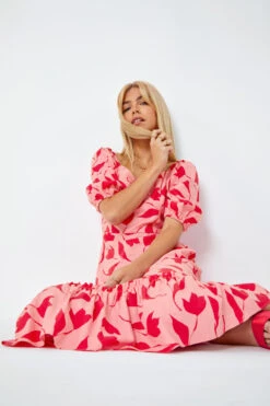 Pink Floral Print Frill Hem Midi Dress