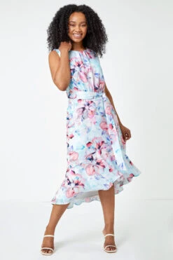 Blue Petite Floral Frill Hem Dress