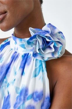 Blue Animal Print Halter Neck Midi Dress