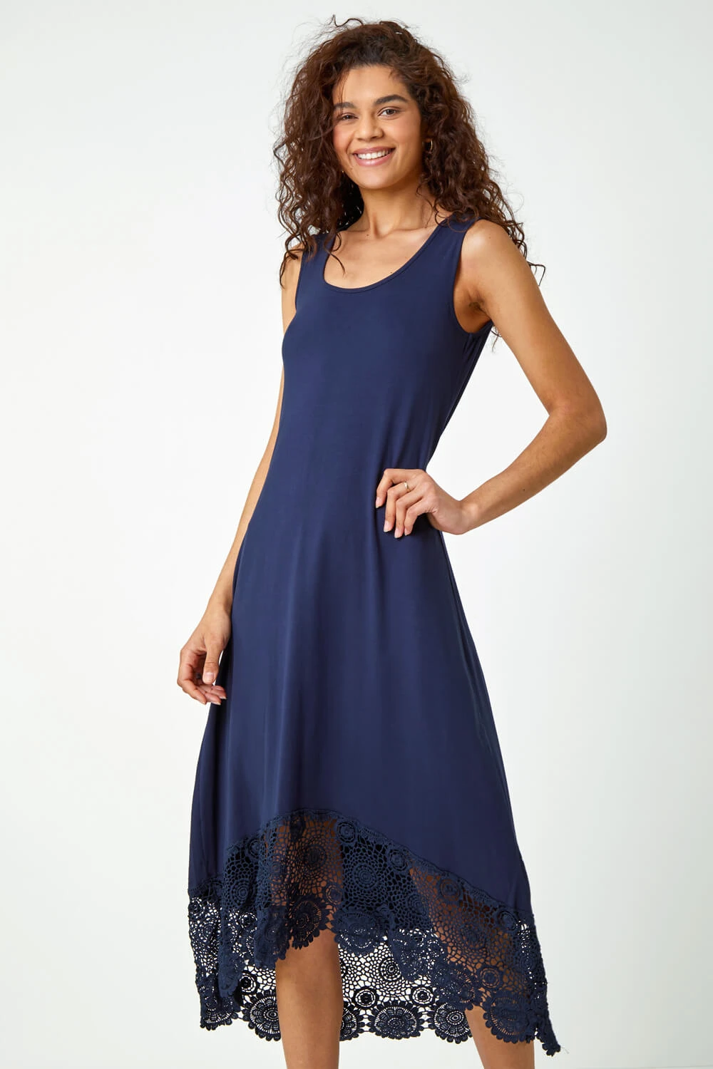 Navy Crochet Hem Stretch Midi Dress 4 Navy Crochet Hem Stretch Midi Dress - Image 2