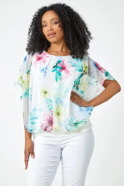 White Petite Floral Print Blouson Top