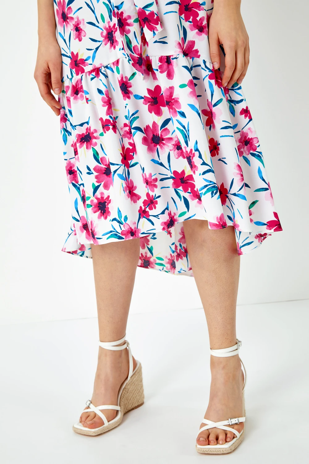 Pink Sleeveless Floral Frill Hem Midi Dress 7 Pink Sleeveless Floral Frill Hem Midi Dress - Image 5