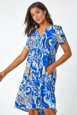 Royal Blue Baroque Floral Pocket Tunic Dress