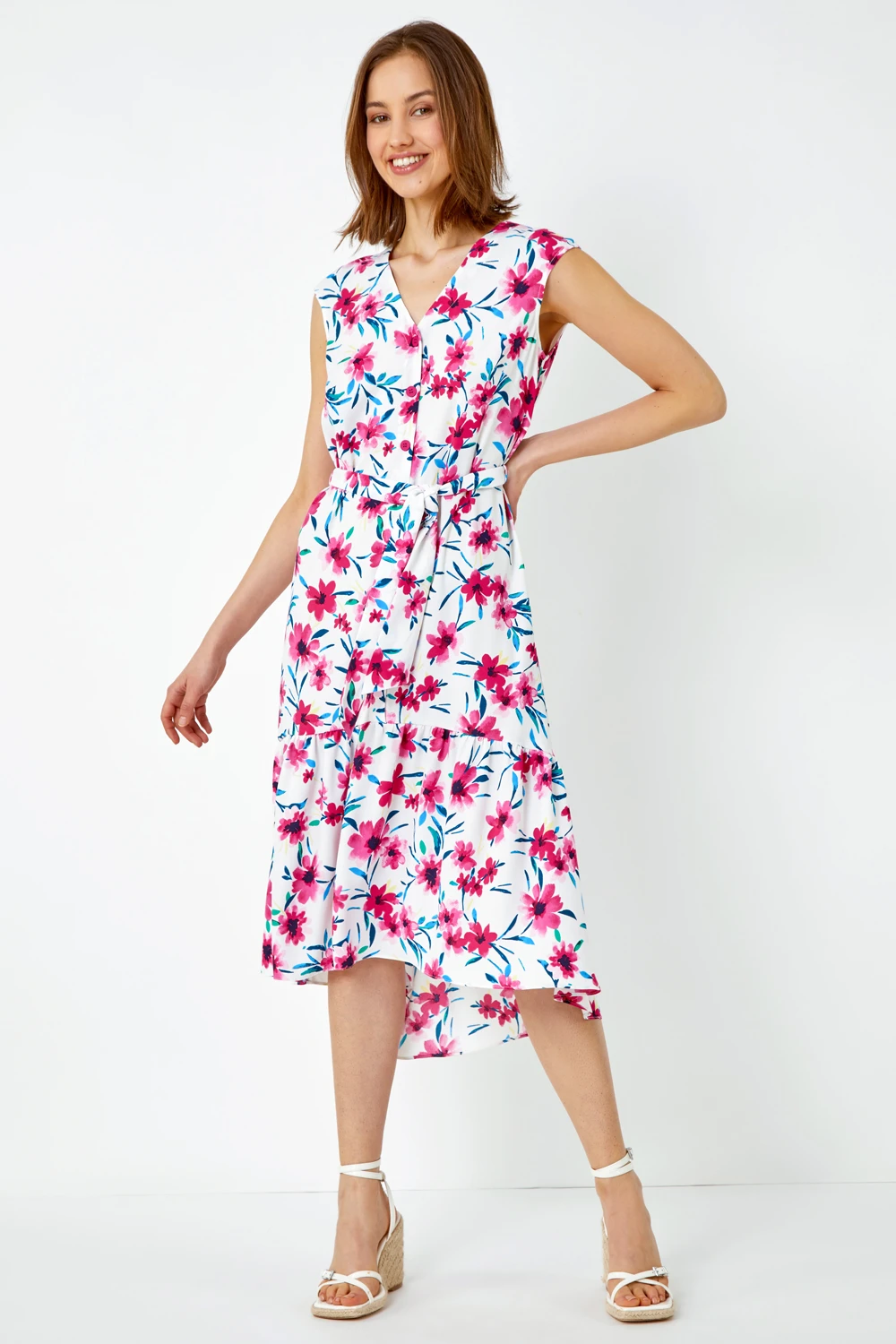 Pink Sleeveless Floral Frill Hem Midi Dress 4 Pink Sleeveless Floral Frill Hem Midi Dress - Image 2