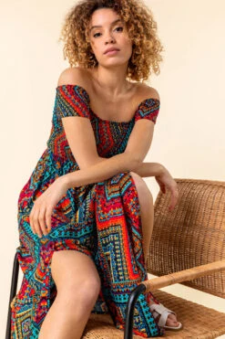 Multi Shirred Aztec Print Bardot Dress -Outlet Modi Qube Store 563127cf 4950 4f91 85e0 2f2eaede7eb3
