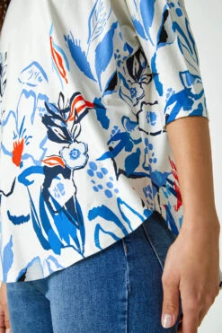 Blue Floral Border Curve Hem Top -Outlet Modi Qube Store 58db2206 4333 434c 9aa2 6afddb86eb45