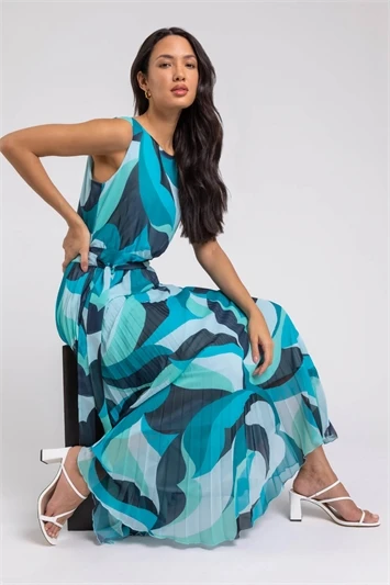 Blue Sleeveless Border Print Maxi Stretch Dress 7 Blue Sleeveless Border Print Maxi Stretch Dress - Image 5