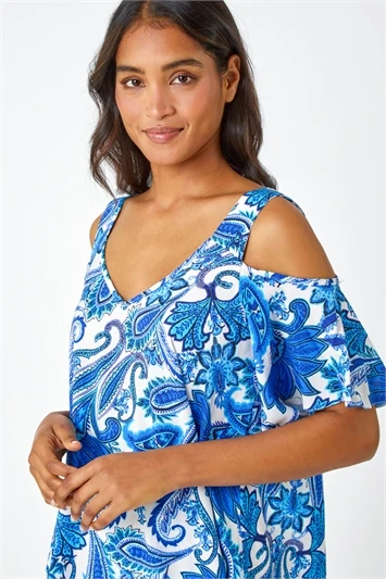 Blue Tie Dye Jersey Cold Shoulder Top 4 Blue Tie Dye Jersey Cold Shoulder Top - Image 2