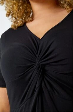 Black Curve Pom Pom Trim Stretch Bardot Top
