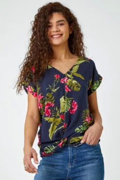 Pink Floral Palm Print Twist Top
