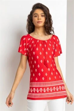 Red Ditsy Floral Print Stretch Top -Outlet Modi Qube Store 5d5ef096 3f0b 47eb afb7 f135c301ed38