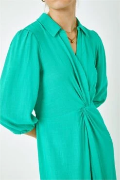 Green Cowl Neck Ruched Midi Dress