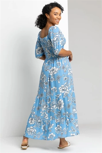 Turquoise Petite Floral Stretch Tiered Maxi Dress 4 Turquoise Petite Floral Stretch Tiered Maxi Dress - Image 2