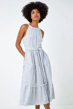 Blue Tiered Cotton Halter Neck Stripe Dress -Outlet Modi Qube Store 5f216c55 a4ca 4ed2 8323 e21ce832301e