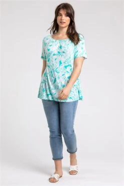 Green Curve Square Neck Floral Top