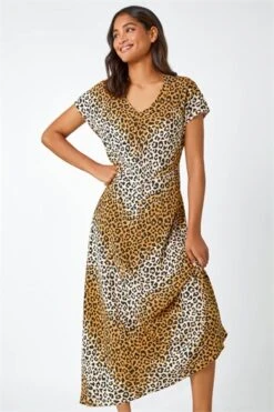 Camel Animal Print Stretch Tiered Midi Dress -Outlet Modi Qube Store 60864a52 ba9d 4c5c a62f baf9f9ab5041