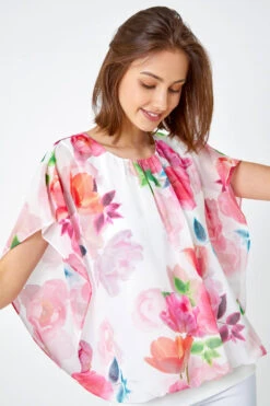 Ivory Floral Overlay Blouson Stretch Top