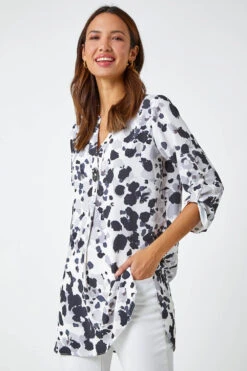 Grey Abstract Print Longline Tunic Top