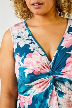 Teal Curve Floral Print Cold Shoulder Jersey Top