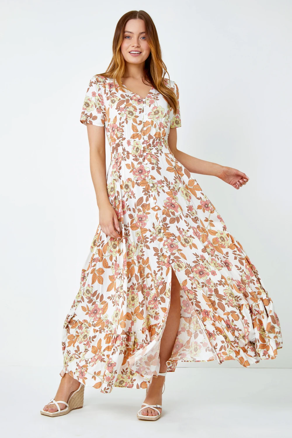 Coral Floral Print Button Detail Maxi Dress 4 Coral Floral Print Button Detail Maxi Dress - Image 2