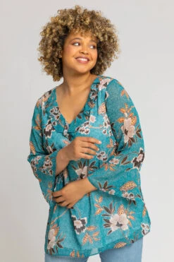 Dark Green Curve Textured Spot Frill Detail Top