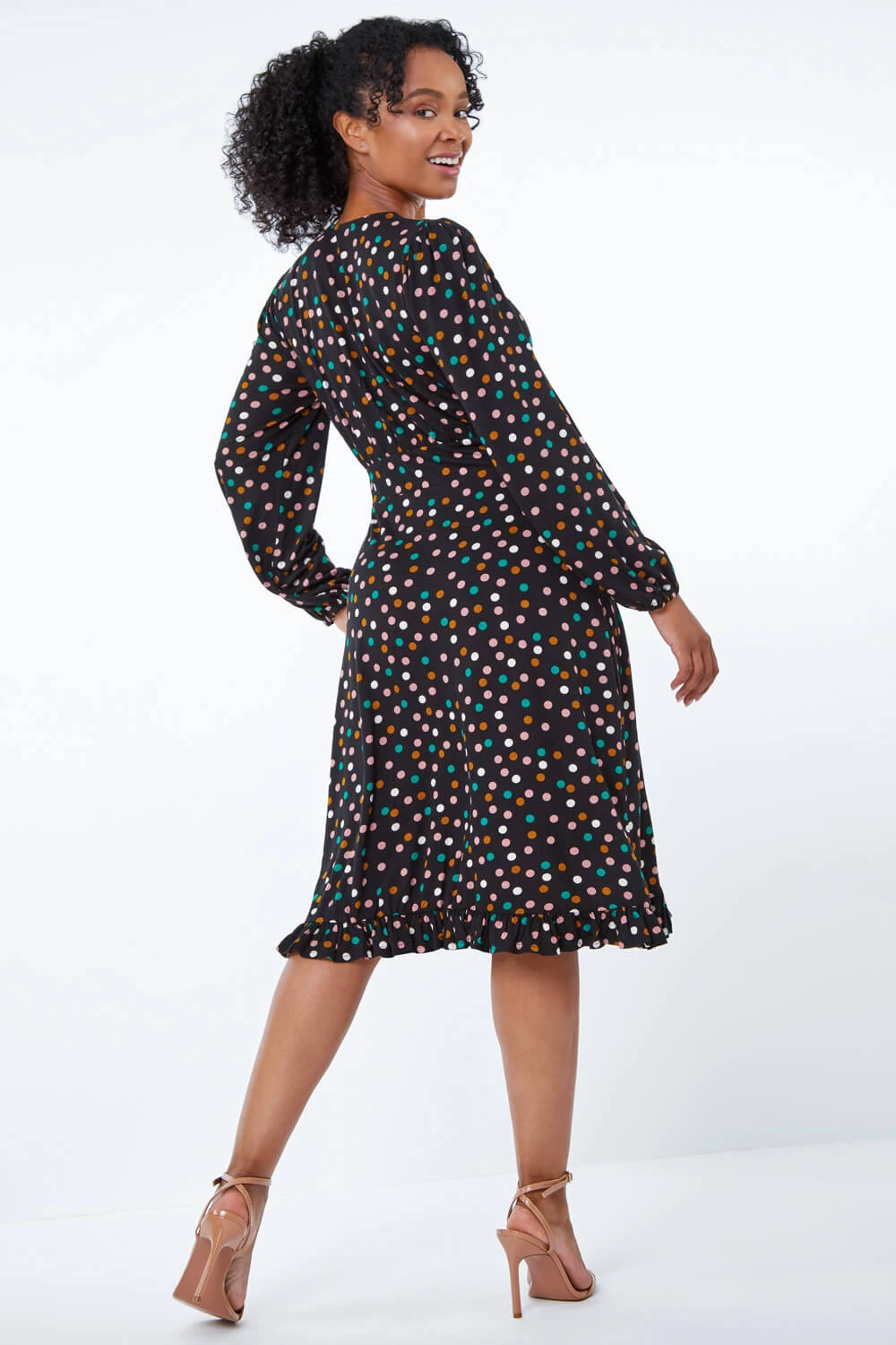 Black Petite Spot Print Frill Hem Dress 5 Black Petite Spot Print Frill Hem Dress - Image 3