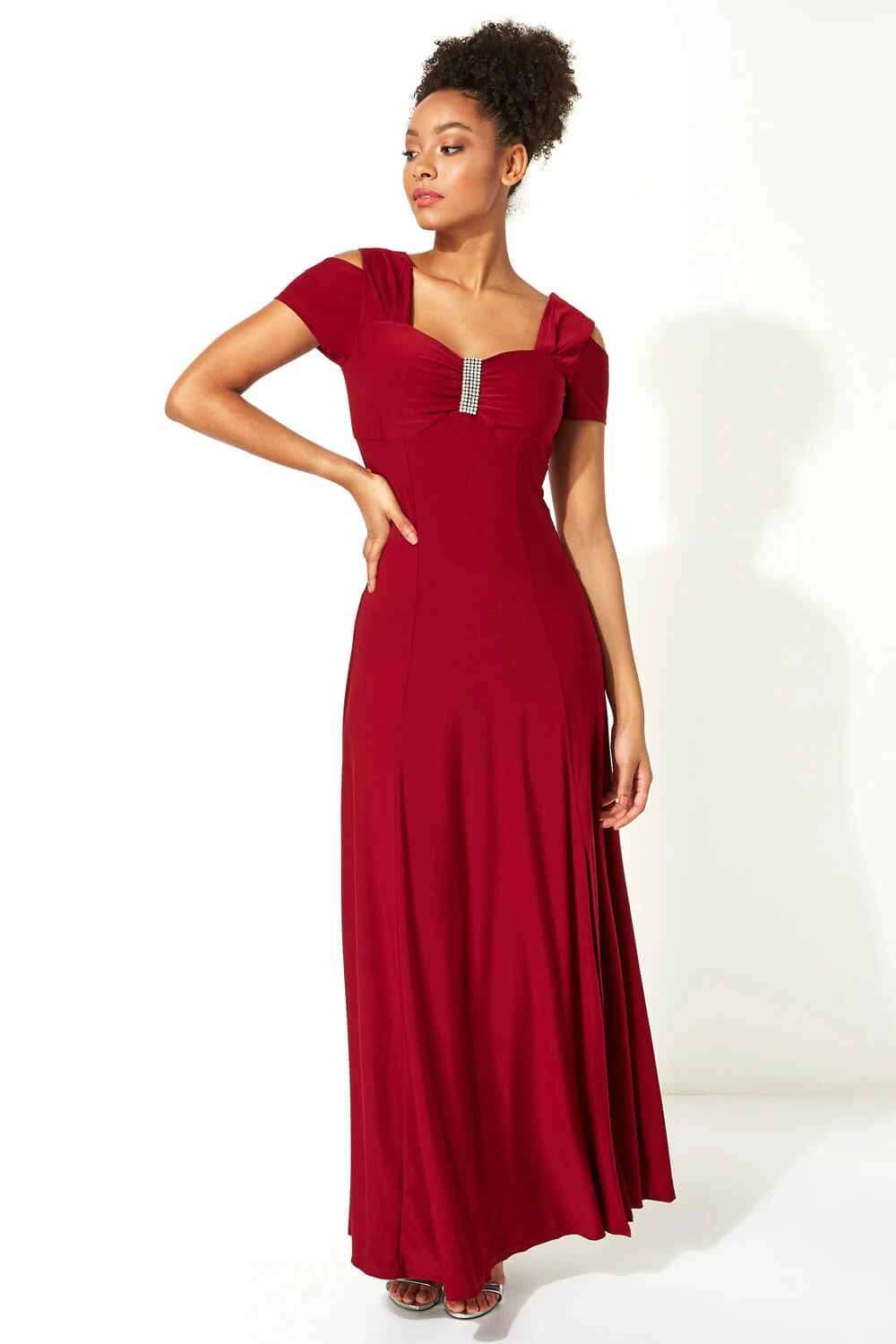 Red Diamante Cold Shoulder Maxi Dress 3 Red Diamante Cold Shoulder Maxi Dress