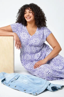 Blue Curve Aztec Print Shirred Midi Dress