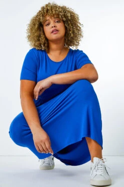 Royal Blue Curve Gathered Skirt Midi Stretch Dress