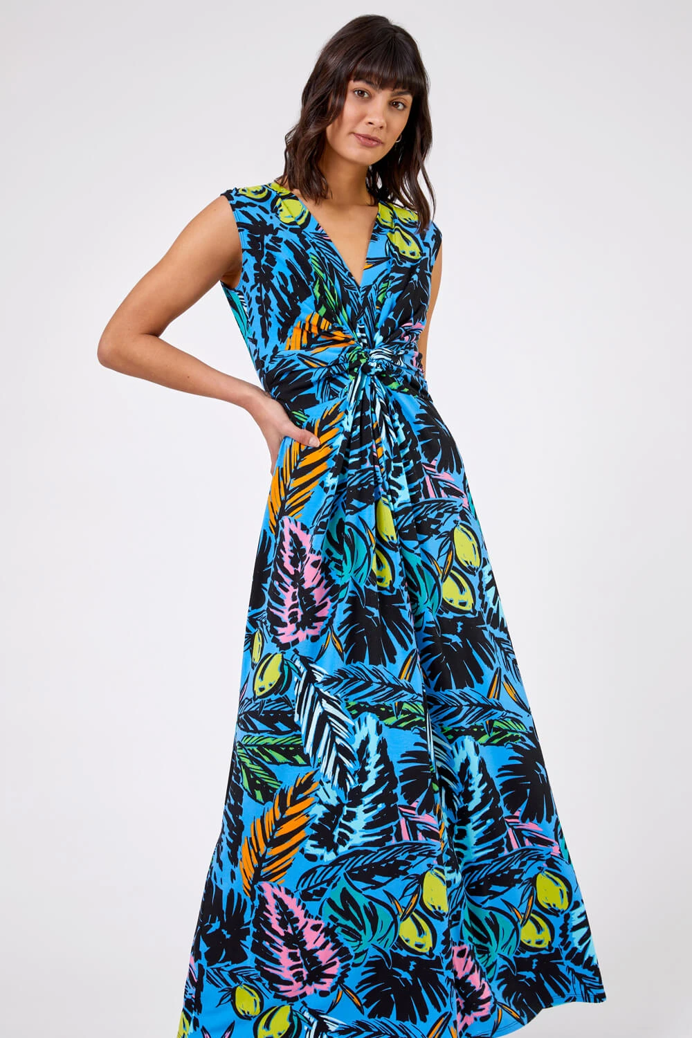 Multi Blue Palm Print Twist Waist Maxi Dress 5 Multi Blue Palm Print Twist Waist Maxi Dress - Image 3