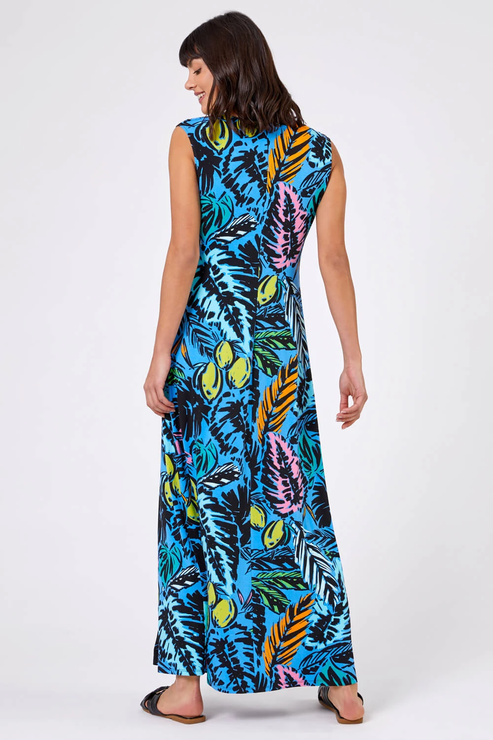 Multi Blue Palm Print Twist Waist Maxi Dress 4 Multi Blue Palm Print Twist Waist Maxi Dress - Image 2