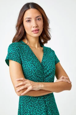 Green Leopard Print Ruched Midi Dress -Outlet Modi Qube Store 68805625 a9c2 4ce7 b103 dfd137d05c82