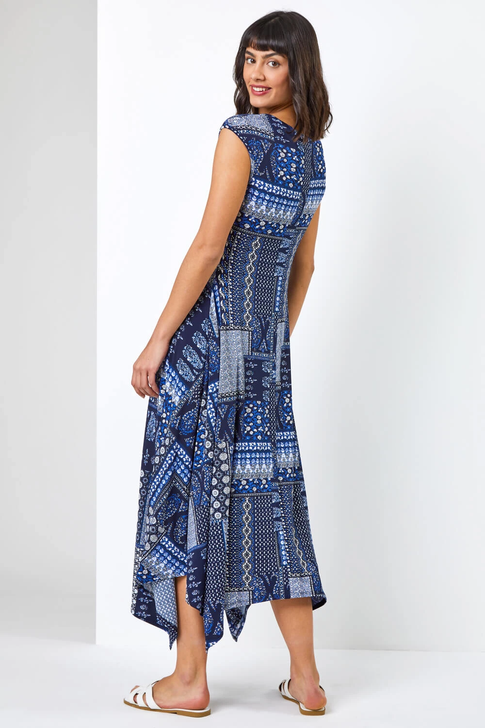 Navy Patchwork Stretch Hanky Hem Dress 4 Navy Patchwork Stretch Hanky Hem Dress - Image 2