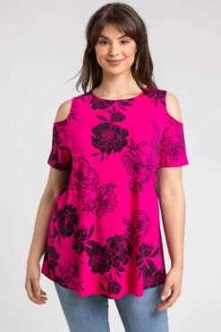 Fuchsia Curve Floral Print Cold Shoulder Jersey Top