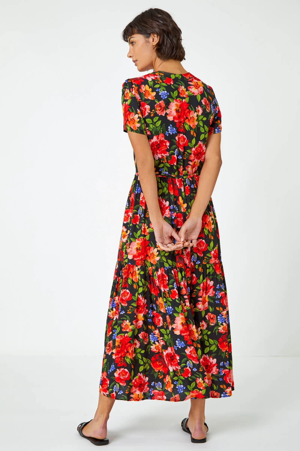 Red Floral Print Tiered Midi Dress 5 Red Floral Print Tiered Midi Dress - Image 3