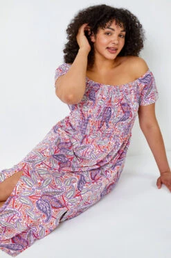 Purple Curve Paisley Print Shirred Midi Dress