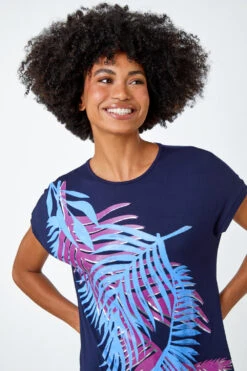 Navy Foil Leaf Print T-Shirt
