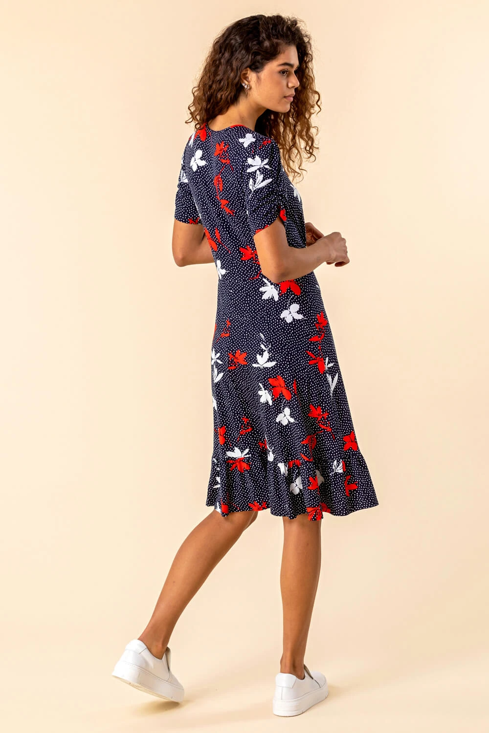 Navy Floral Spot Print Frill Stretch Dress 4 Navy Floral Spot Print Frill Stretch Dress - Image 2