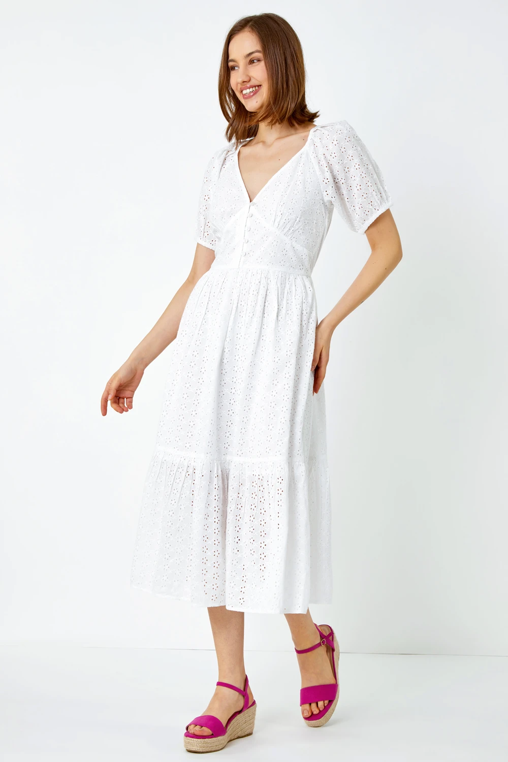 White Broderie Puff Sleeve Cotton Midi Dress 4 White Broderie Puff Sleeve Cotton Midi Dress - Image 2